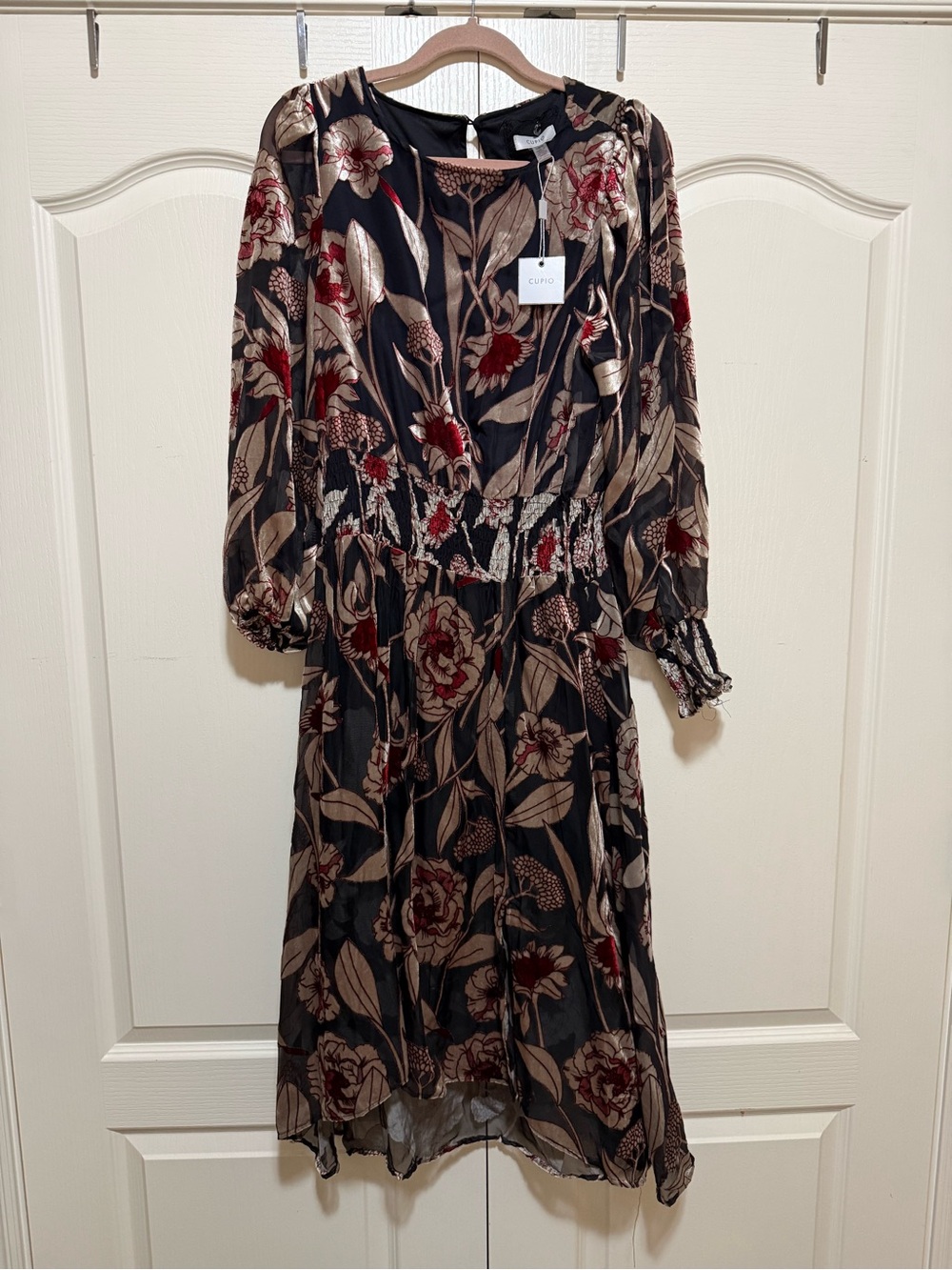 CUPIO Black Midi Dress with Beige and Burgundy Floral Print
